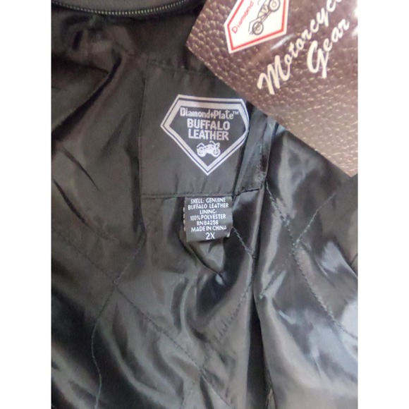 Diamond Plate Buffalo Leather Jacket Mens 2XL Black Eagle USA Patch Motorcycle - Picture 3 of 13